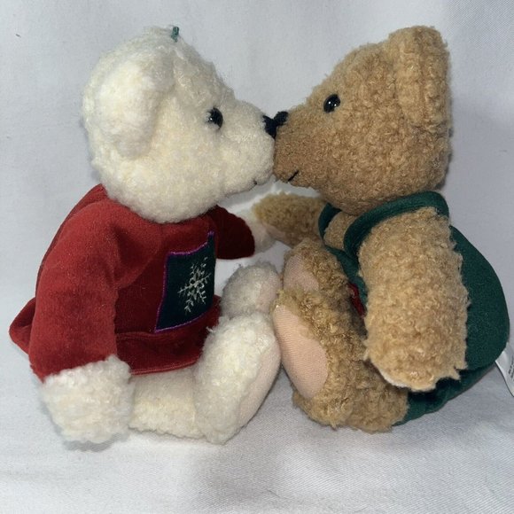 VTG Hallmark Kiss Kiss Mistletoe Plush Teddy Bears Magnetic Noses Christmas - Picture 2 of 14
